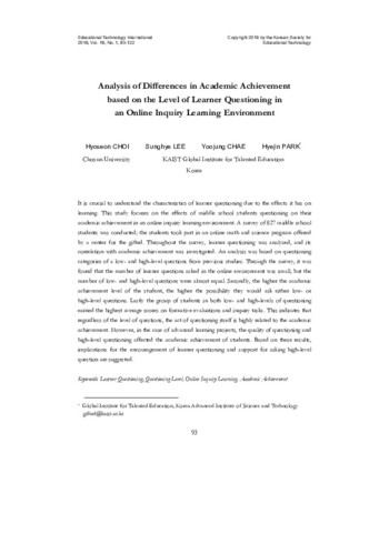 Analysis of differences in academic achievement based on the level of learner questioning in an online inquiry learning environment 이미지